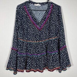 Savanna Jane L Blouse Embroidered Polka Dot Bell Sleeve V-Neck Peplum Top!